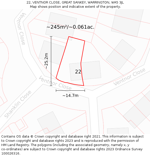 22, VENTNOR CLOSE, GREAT SANKEY, WARRINGTON, WA5 3JL: Plot and title map