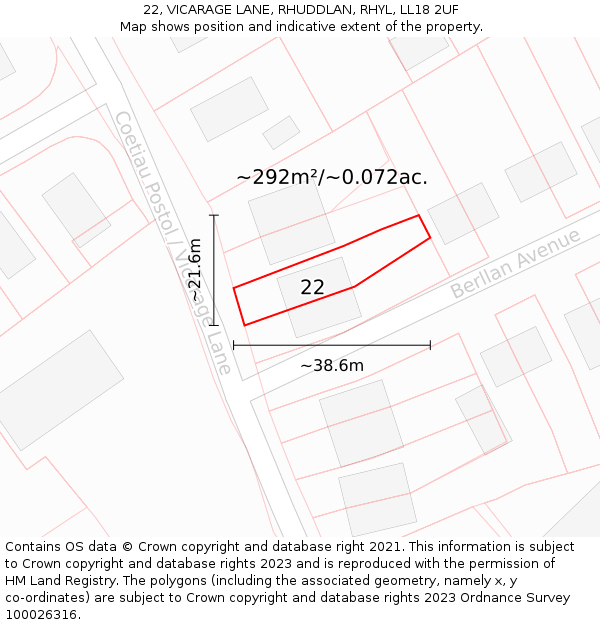 22, VICARAGE LANE, RHUDDLAN, RHYL, LL18 2UF: Plot and title map