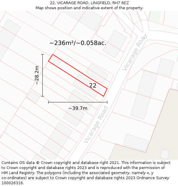 22, VICARAGE ROAD, LINGFIELD, RH7 6EZ: Plot and title map