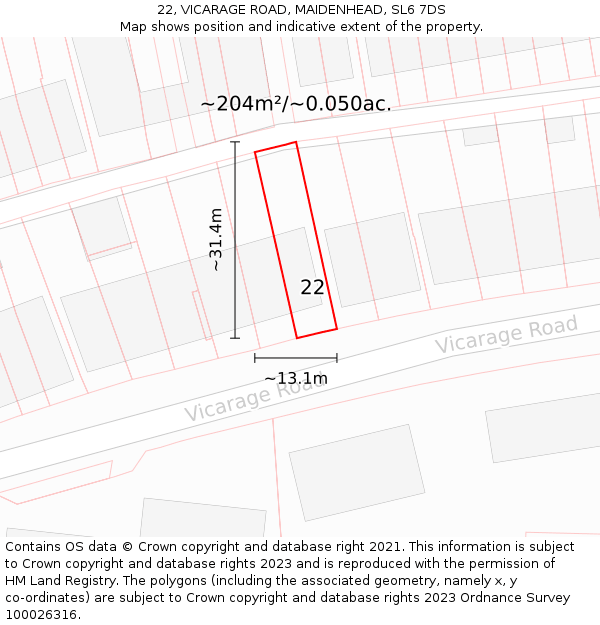 22, VICARAGE ROAD, MAIDENHEAD, SL6 7DS: Plot and title map