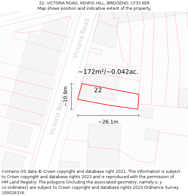 22, VICTORIA ROAD, KENFIG HILL, BRIDGEND, CF33 6ER: Plot and title map