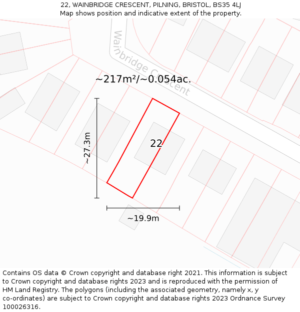 22, WAINBRIDGE CRESCENT, PILNING, BRISTOL, BS35 4LJ: Plot and title map