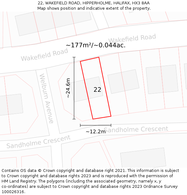 22, WAKEFIELD ROAD, HIPPERHOLME, HALIFAX, HX3 8AA: Plot and title map