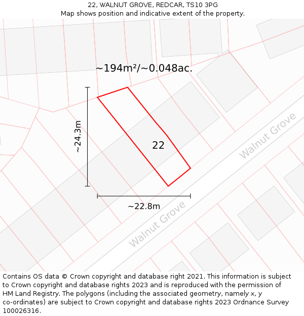 22, WALNUT GROVE, REDCAR, TS10 3PG: Plot and title map