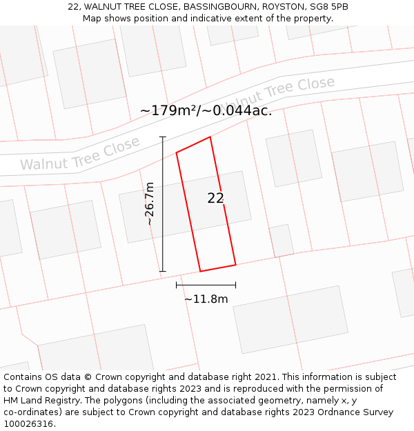 22, WALNUT TREE CLOSE, BASSINGBOURN, ROYSTON, SG8 5PB: Plot and title map