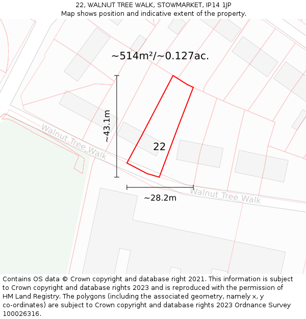 22, WALNUT TREE WALK, STOWMARKET, IP14 1JP: Plot and title map