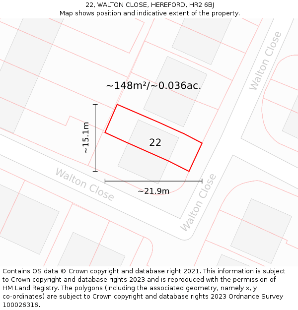 22, WALTON CLOSE, HEREFORD, HR2 6BJ: Plot and title map