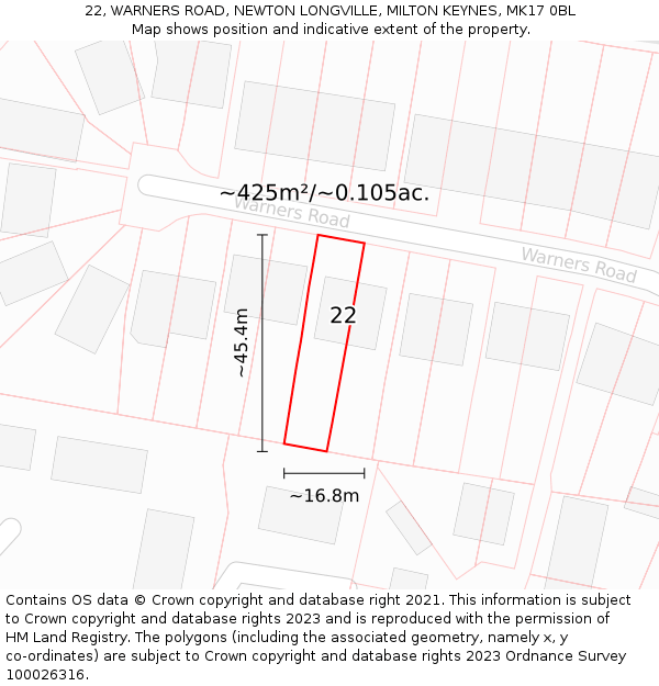 22, WARNERS ROAD, NEWTON LONGVILLE, MILTON KEYNES, MK17 0BL: Plot and title map