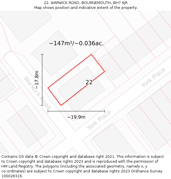 22, WARWICK ROAD, BOURNEMOUTH, BH7 6JR: Plot and title map