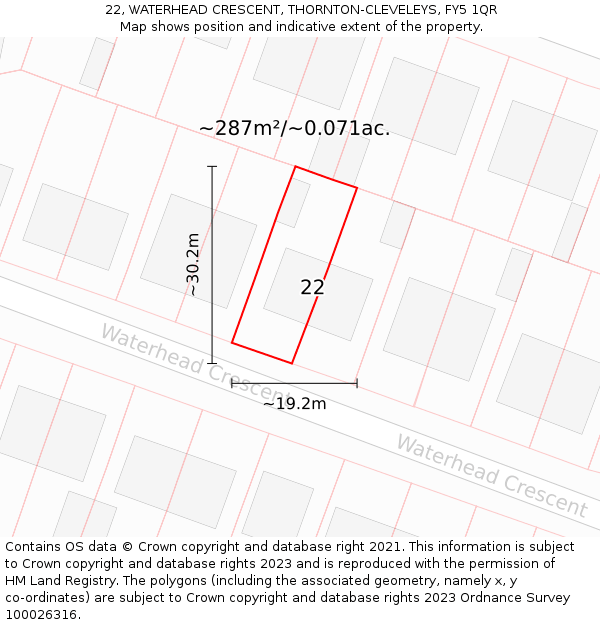 22, WATERHEAD CRESCENT, THORNTON-CLEVELEYS, FY5 1QR: Plot and title map