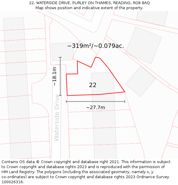 22, WATERSIDE DRIVE, PURLEY ON THAMES, READING, RG8 8AQ: Plot and title map
