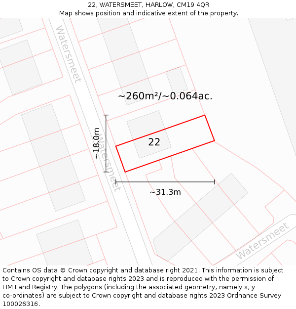 22, WATERSMEET, HARLOW, CM19 4QR: Plot and title map