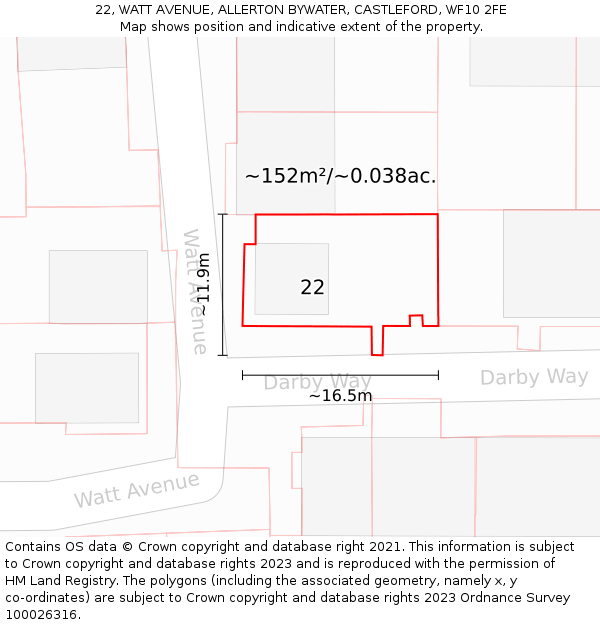 22, WATT AVENUE, ALLERTON BYWATER, CASTLEFORD, WF10 2FE: Plot and title map