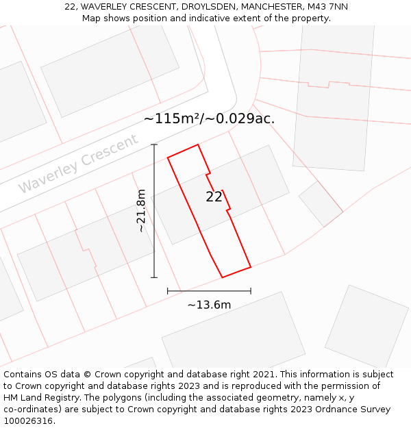 22, WAVERLEY CRESCENT, DROYLSDEN, MANCHESTER, M43 7NN: Plot and title map