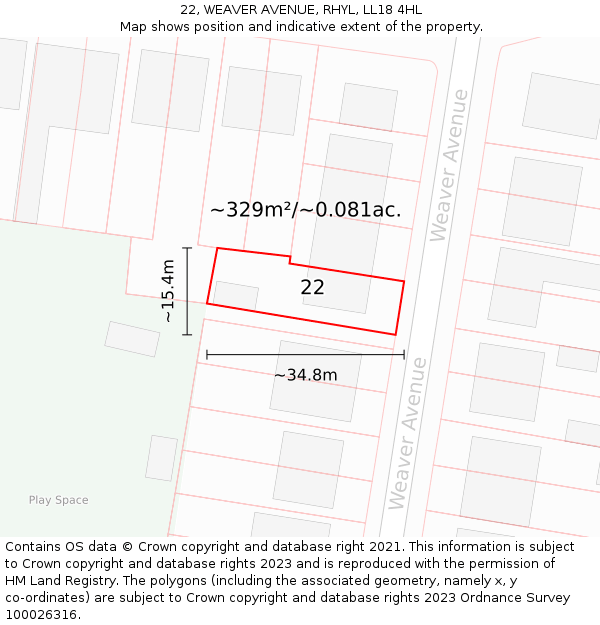 22, WEAVER AVENUE, RHYL, LL18 4HL: Plot and title map