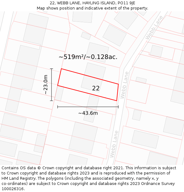 22, WEBB LANE, HAYLING ISLAND, PO11 9JE: Plot and title map