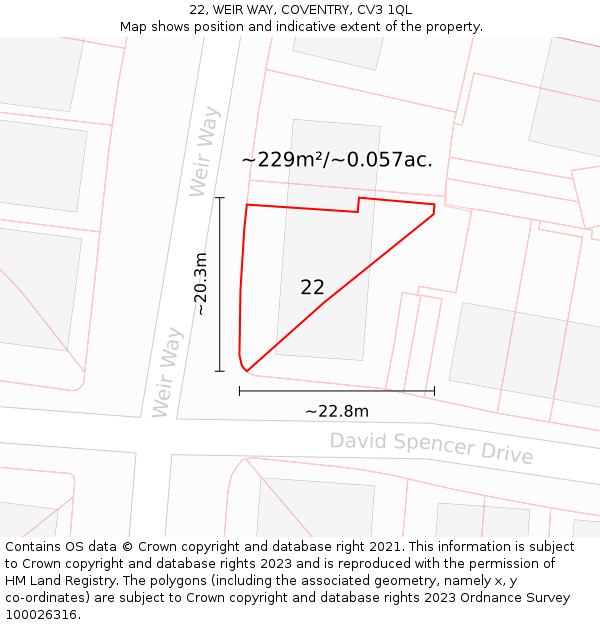 22, WEIR WAY, COVENTRY, CV3 1QL: Plot and title map