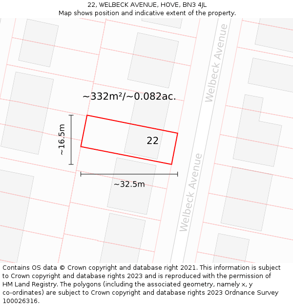 22, WELBECK AVENUE, HOVE, BN3 4JL: Plot and title map