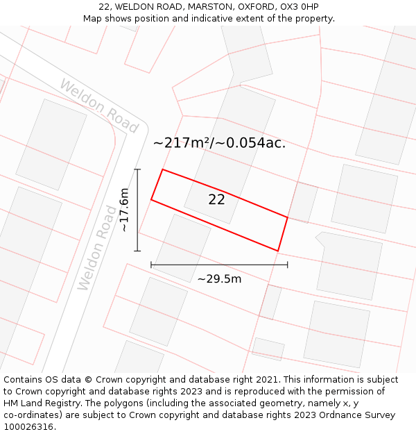 22, WELDON ROAD, MARSTON, OXFORD, OX3 0HP: Plot and title map