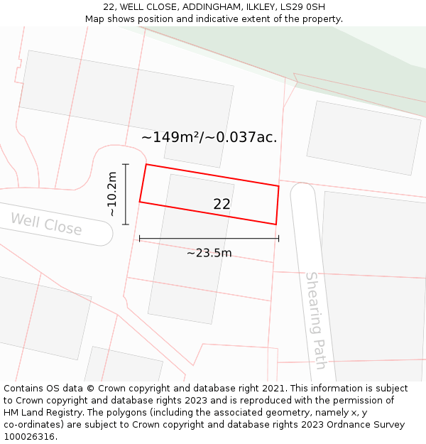 22, WELL CLOSE, ADDINGHAM, ILKLEY, LS29 0SH: Plot and title map