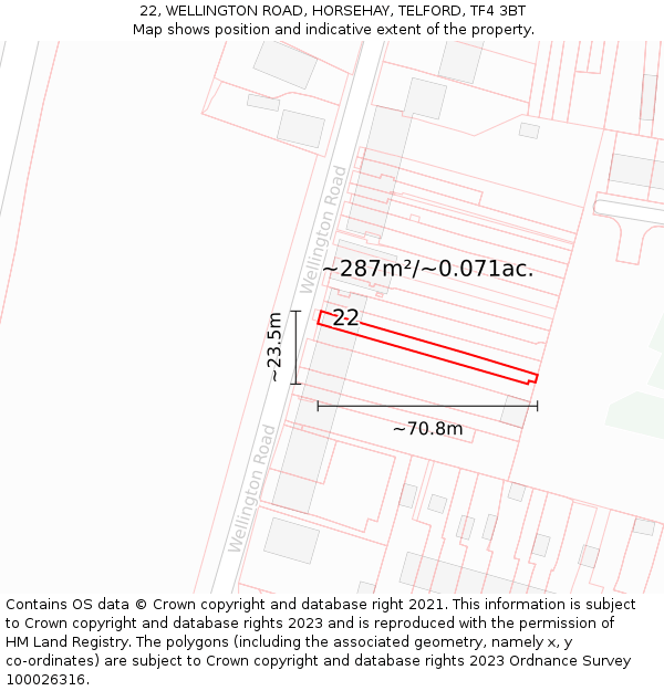 22, WELLINGTON ROAD, HORSEHAY, TELFORD, TF4 3BT: Plot and title map