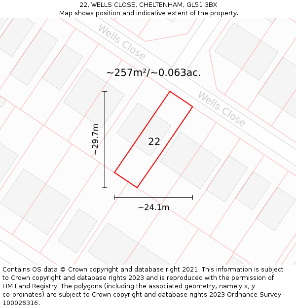 22, WELLS CLOSE, CHELTENHAM, GL51 3BX: Plot and title map