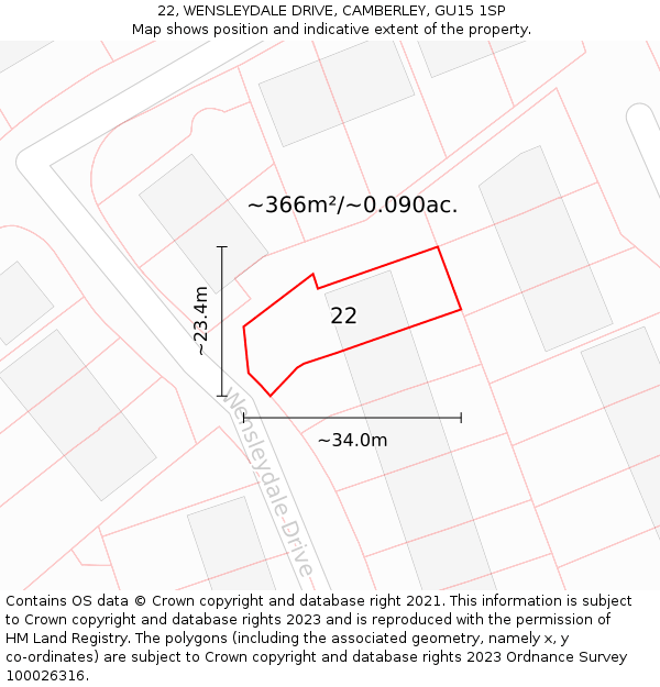 22, WENSLEYDALE DRIVE, CAMBERLEY, GU15 1SP: Plot and title map