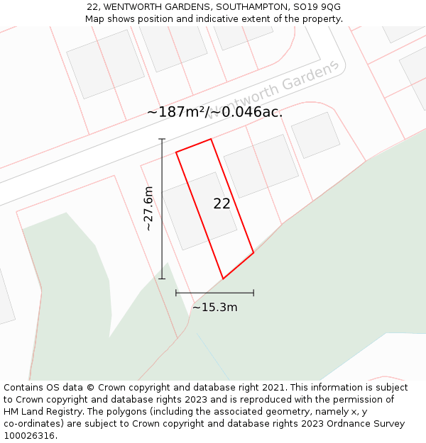 22, WENTWORTH GARDENS, SOUTHAMPTON, SO19 9QG: Plot and title map