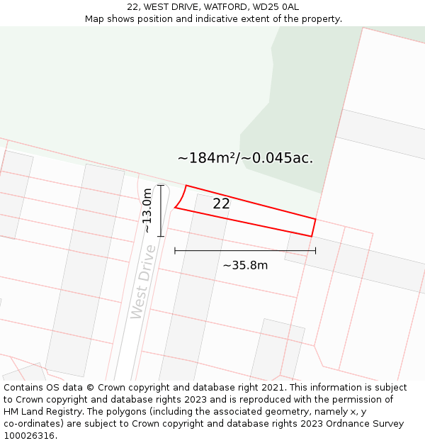 22, WEST DRIVE, WATFORD, WD25 0AL: Plot and title map