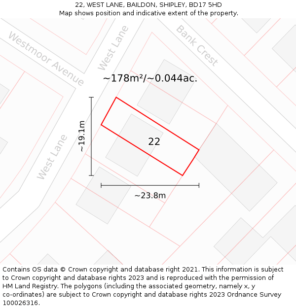 22, WEST LANE, BAILDON, SHIPLEY, BD17 5HD: Plot and title map