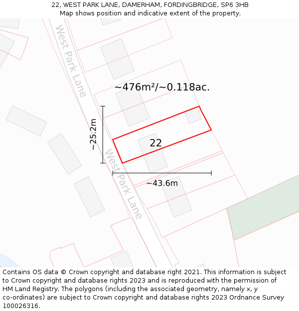 22, WEST PARK LANE, DAMERHAM, FORDINGBRIDGE, SP6 3HB: Plot and title map