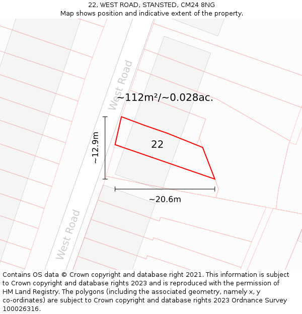 22, WEST ROAD, STANSTED, CM24 8NG: Plot and title map