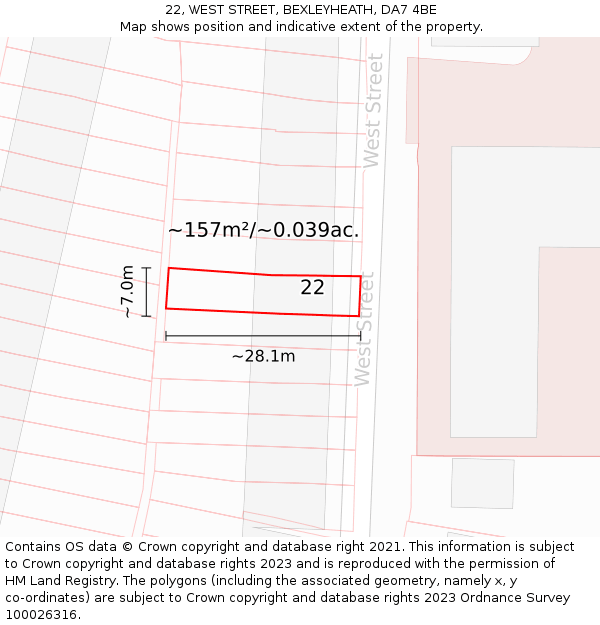 22, WEST STREET, BEXLEYHEATH, DA7 4BE: Plot and title map