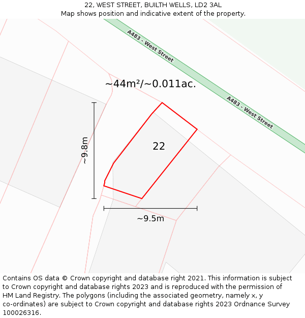 22, WEST STREET, BUILTH WELLS, LD2 3AL: Plot and title map