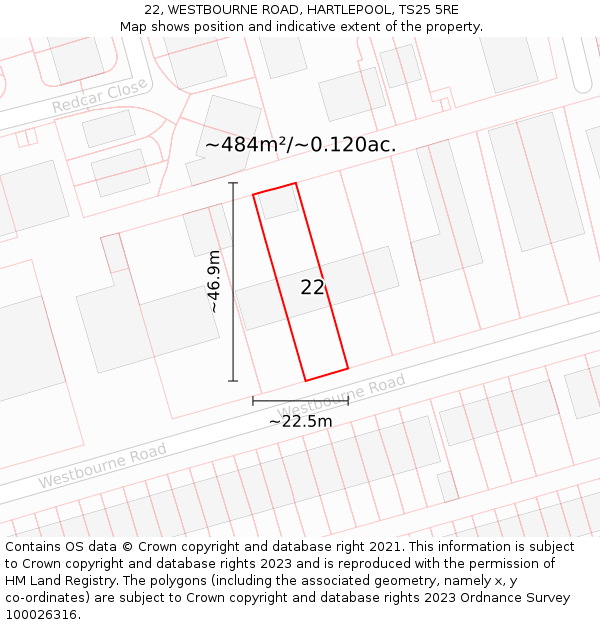 22, WESTBOURNE ROAD, HARTLEPOOL, TS25 5RE: Plot and title map