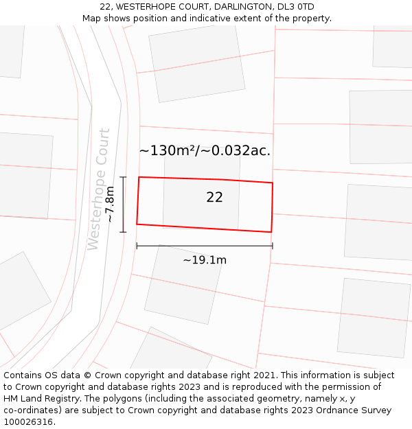 22, WESTERHOPE COURT, DARLINGTON, DL3 0TD: Plot and title map