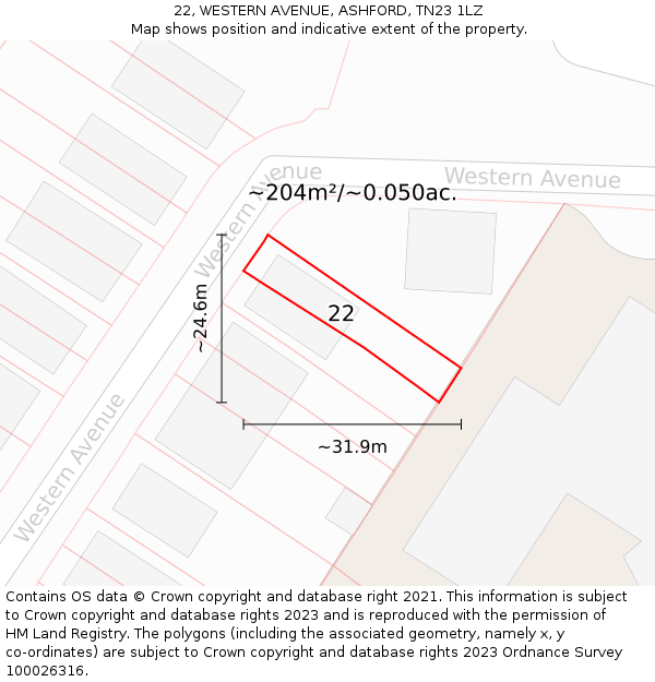 22, WESTERN AVENUE, ASHFORD, TN23 1LZ: Plot and title map