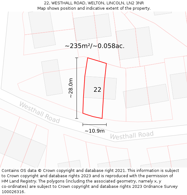 22, WESTHALL ROAD, WELTON, LINCOLN, LN2 3NR: Plot and title map