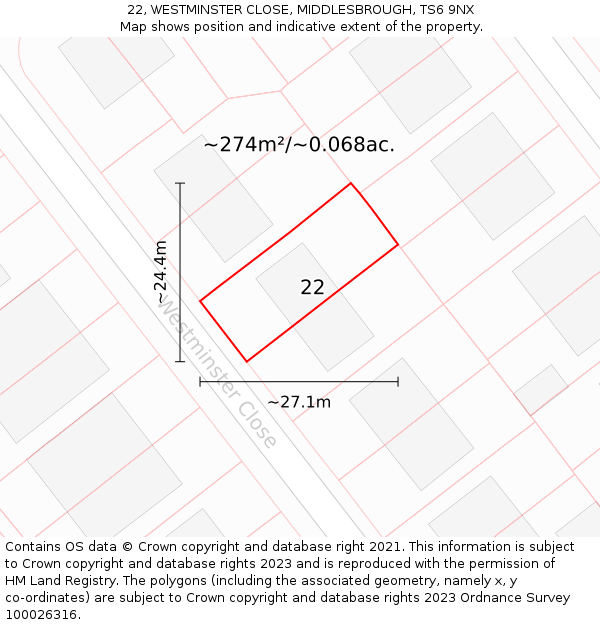 22, WESTMINSTER CLOSE, MIDDLESBROUGH, TS6 9NX: Plot and title map