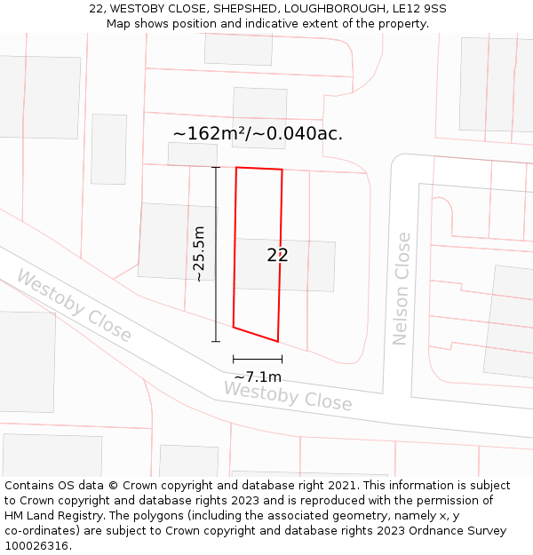 22, WESTOBY CLOSE, SHEPSHED, LOUGHBOROUGH, LE12 9SS: Plot and title map