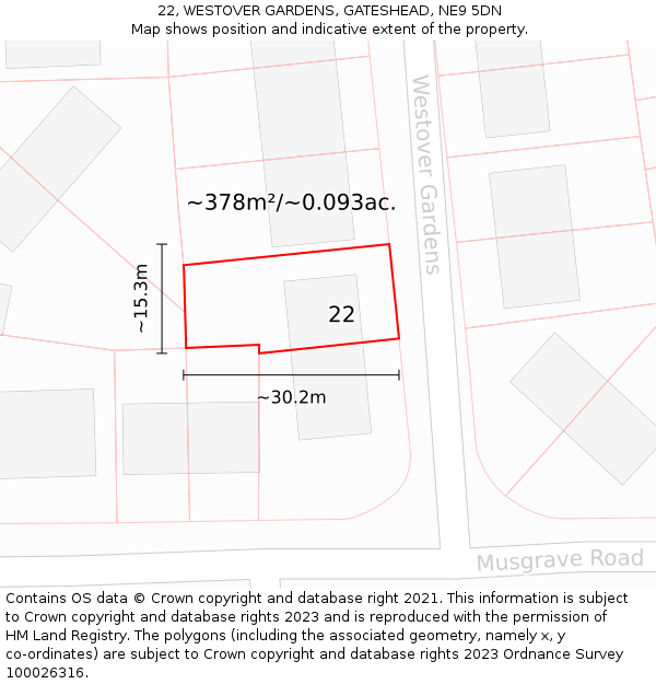 22, WESTOVER GARDENS, GATESHEAD, NE9 5DN: Plot and title map