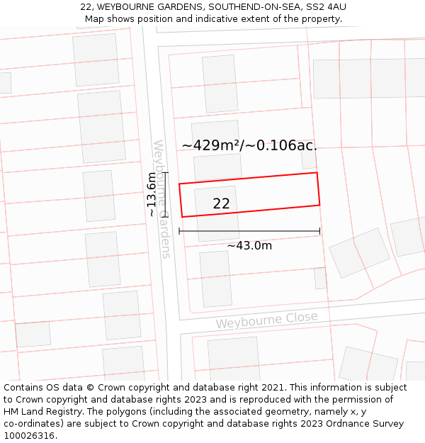 22, WEYBOURNE GARDENS, SOUTHEND-ON-SEA, SS2 4AU: Plot and title map