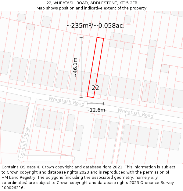 22, WHEATASH ROAD, ADDLESTONE, KT15 2ER: Plot and title map