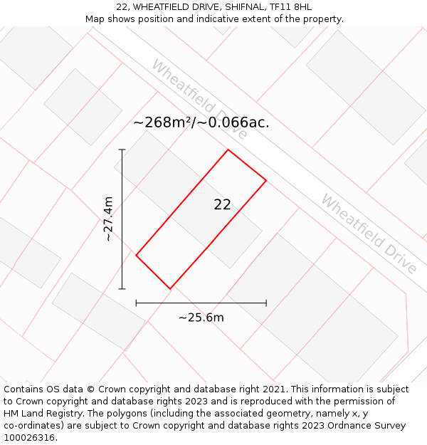 22, WHEATFIELD DRIVE, SHIFNAL, TF11 8HL: Plot and title map