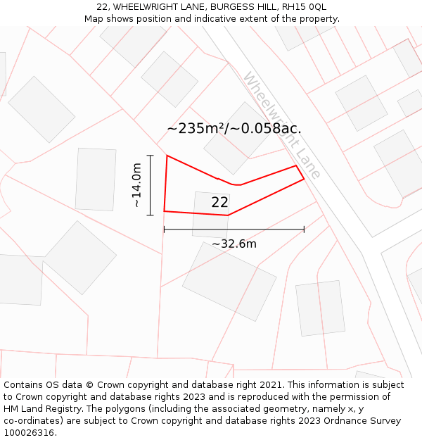 22, WHEELWRIGHT LANE, BURGESS HILL, RH15 0QL: Plot and title map