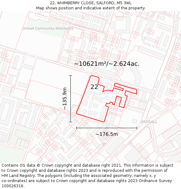 22, WHIMBERRY CLOSE, SALFORD, M5 3WL: Plot and title map