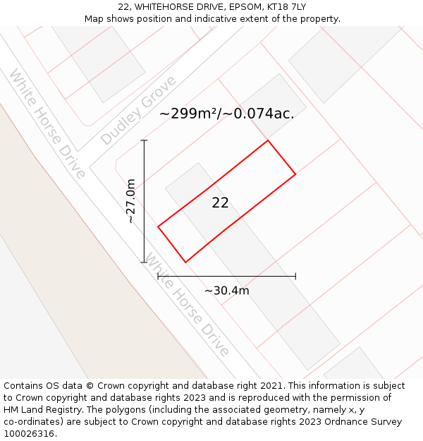 22, WHITEHORSE DRIVE, EPSOM, KT18 7LY: Plot and title map