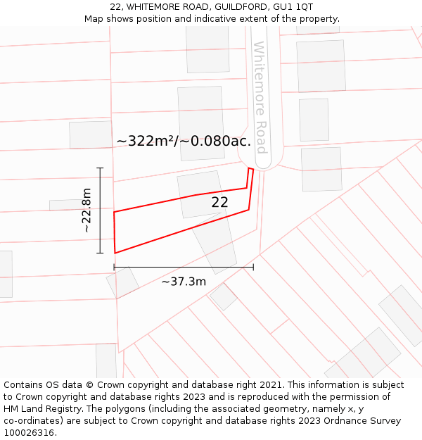 22, WHITEMORE ROAD, GUILDFORD, GU1 1QT: Plot and title map
