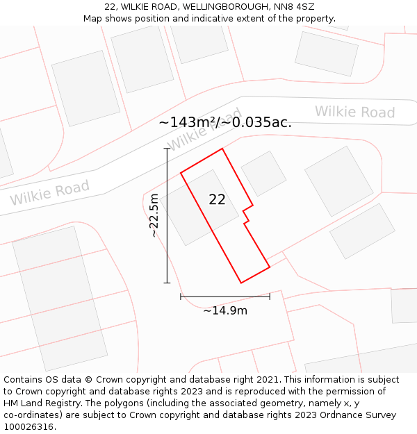 22, WILKIE ROAD, WELLINGBOROUGH, NN8 4SZ: Plot and title map