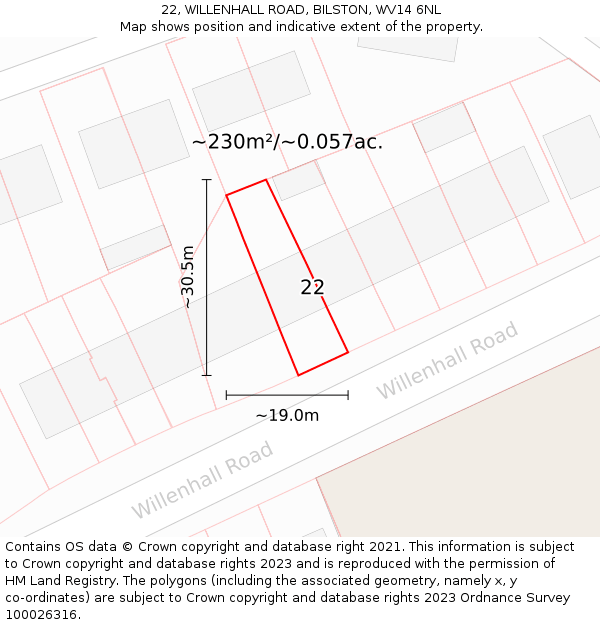 22, WILLENHALL ROAD, BILSTON, WV14 6NL: Plot and title map